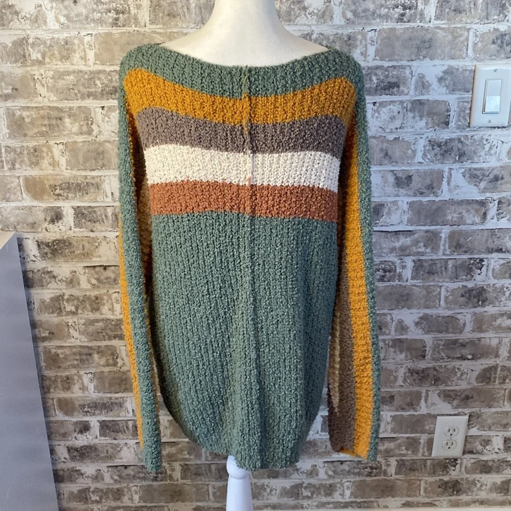 Shop Stevie Oversized Chunky Knit Striped Sweater. Size L. Sage Green and Brown. - Picture 10 of 15
